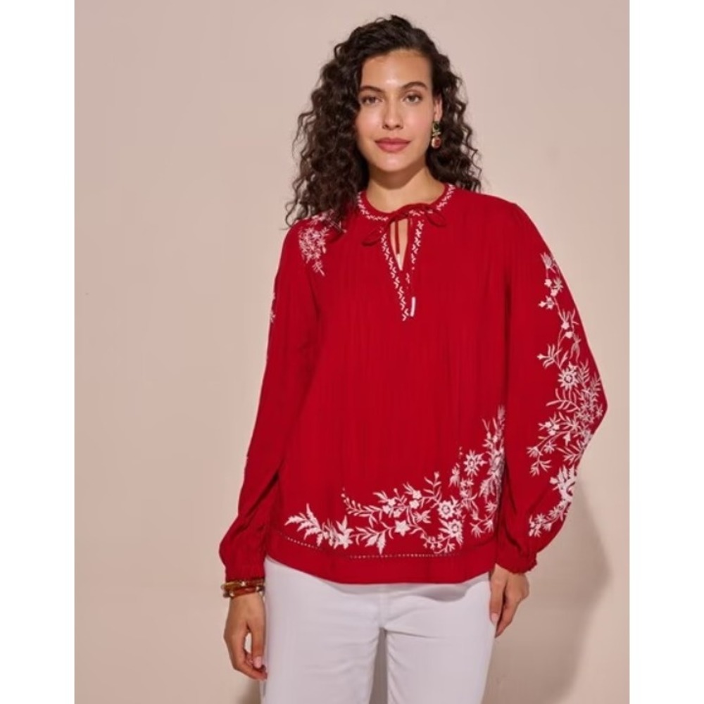 Sundance Embroidered Peasant Blouse Red Boho Floral Tunic Cottagecore Size XL
